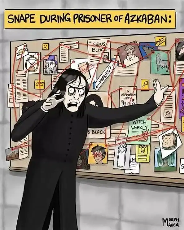 Illustrated cartoon of Snape gesturing frantically at a conspiracy board covered in Sirius Black evidence