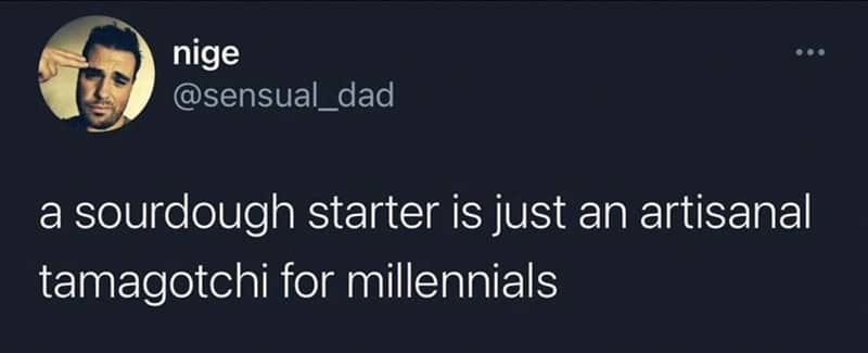 Dark mode tweet calling a sourdough starter an artisanal tamagotchi for millennials