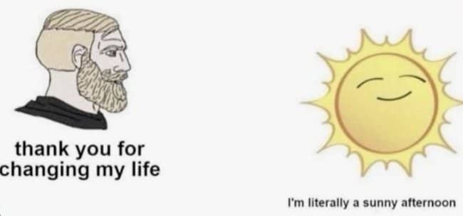 Chad meme guy thanking a smiling sun for changing his entire life during springtime.