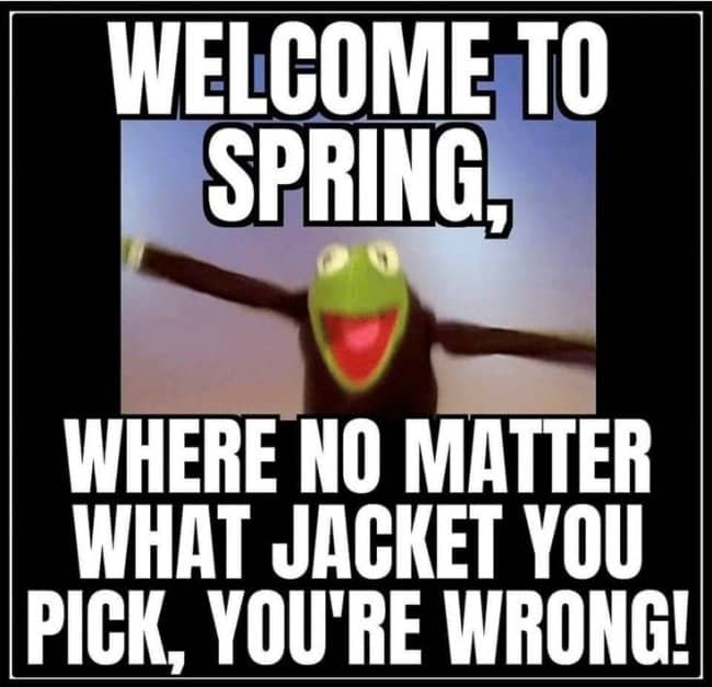 Kermit the Frog meme about spring weather making every jacket choice wrong.