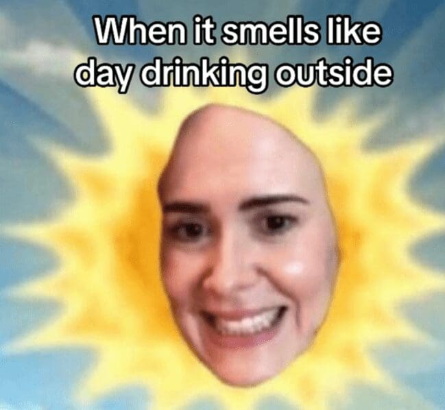 Sarah Paulson’s face edited onto a sun with text about day drinking outside.