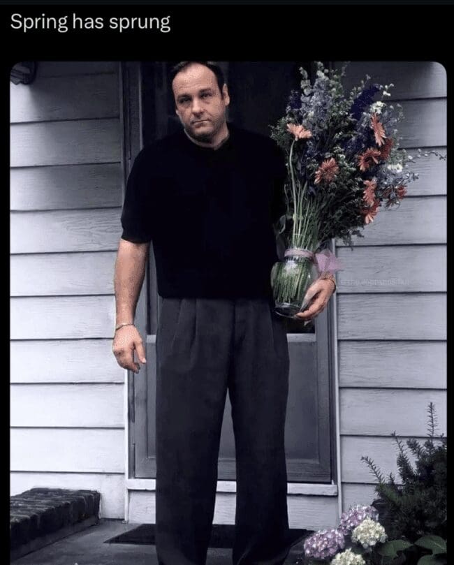 Tony Soprano holding a massive vase of flowers with the caption spring has sprung.