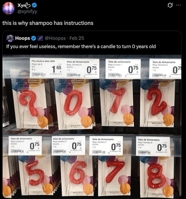 Tweet about zero birthday candle existing proving useless things have purpose with shampoo instructions joke