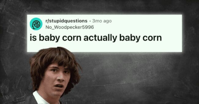 Reddit post asking the age-old question is baby corn actually baby corn with young Keanu Reeves mind-blown reaction