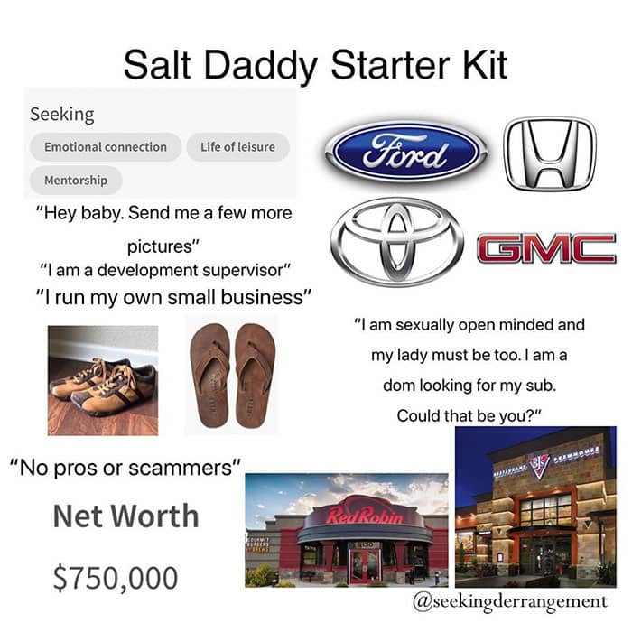 Salt Daddy Starter Kit meme featuring car logos, Red Robin, budget net worth, and cringy dating quotes.