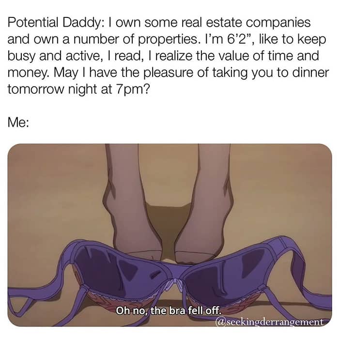 Anime meme showing a purple bra falling on the floor in response to a wealthy property owner.