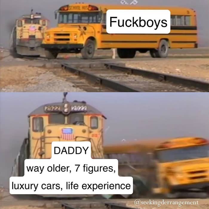 Train hitting a school bus meme representing a wealthy daddy completely overrunning average younger men.