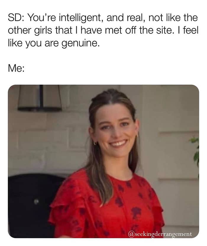 Woman smiling in a red dress with text about a sugar daddy calling her intelligent and genuine.