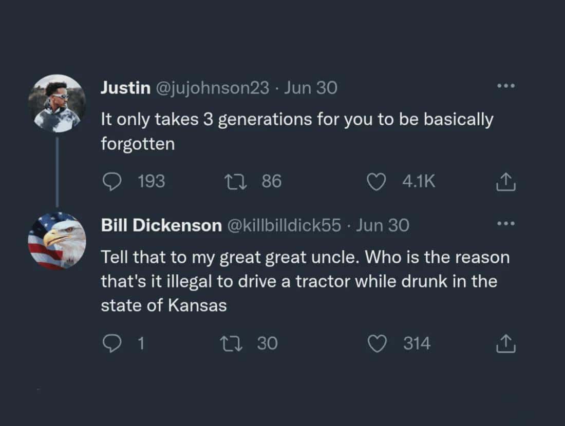 Tweet claiming three generations to be forgotten, rebutted by user citing drunk tractor law in Kansas.