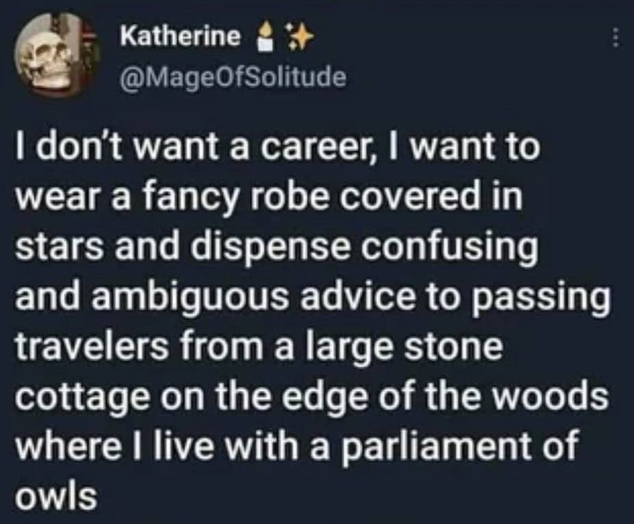 Tweet expressing desire to wear starry robes and give cryptic advice from forest cottage with owls.
