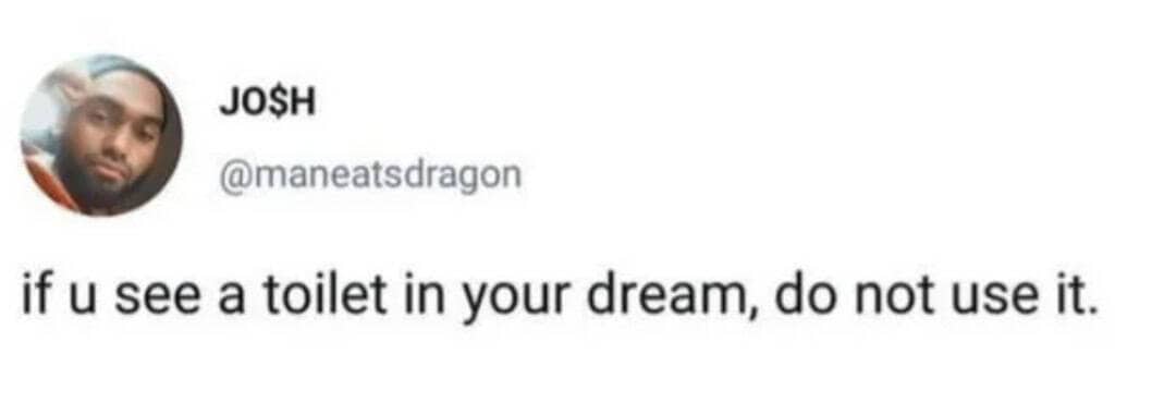 Tweet warning against using a toilet seen in a dream, ominous no context included.