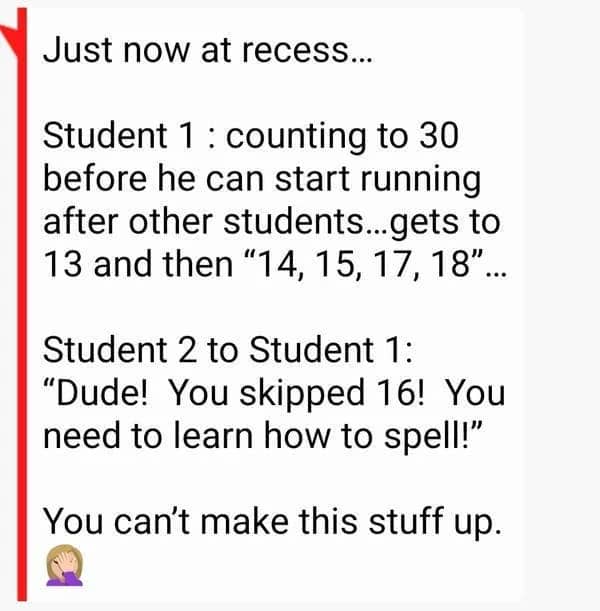 Teacher sharing student skipping number 16 while counting then being scolded for spelling