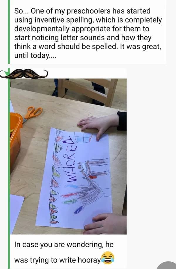 Preschooler's inventive spelling attempting to write hooray resulting in explicit accidental word