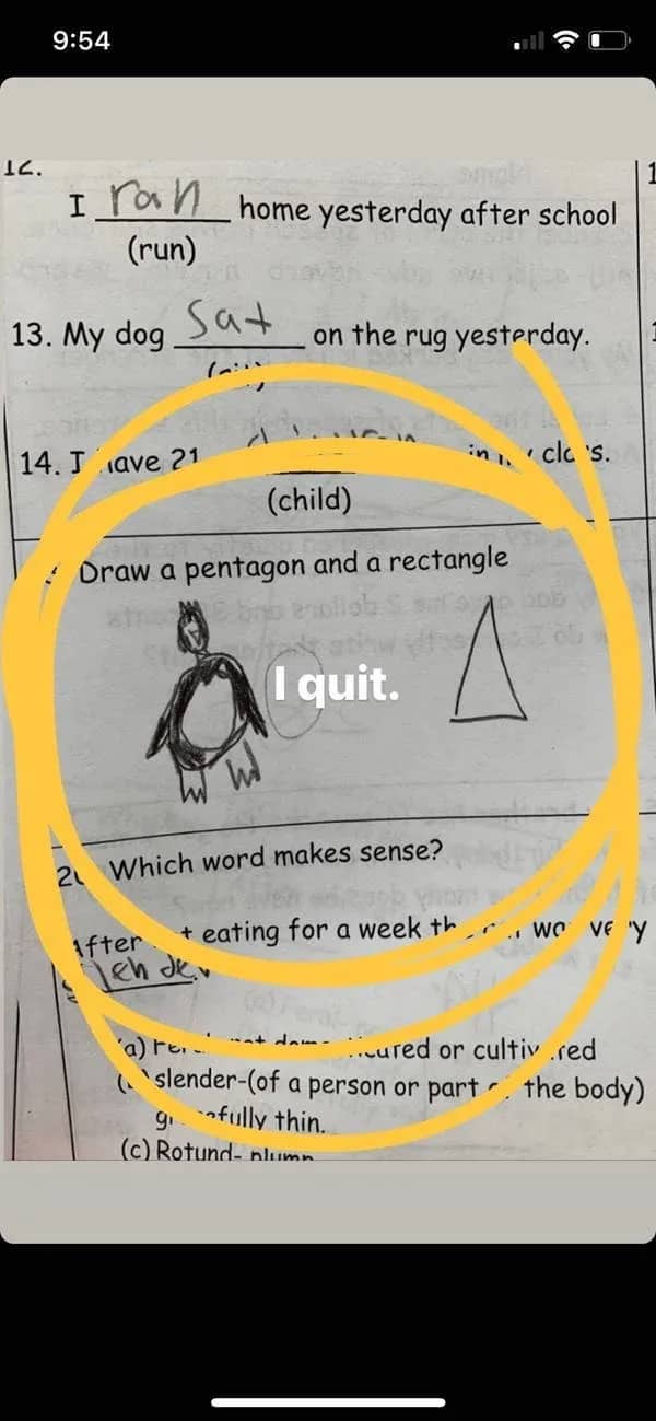 Student writing I quit as answer on worksheet question asking to draw pentagon and rectangle