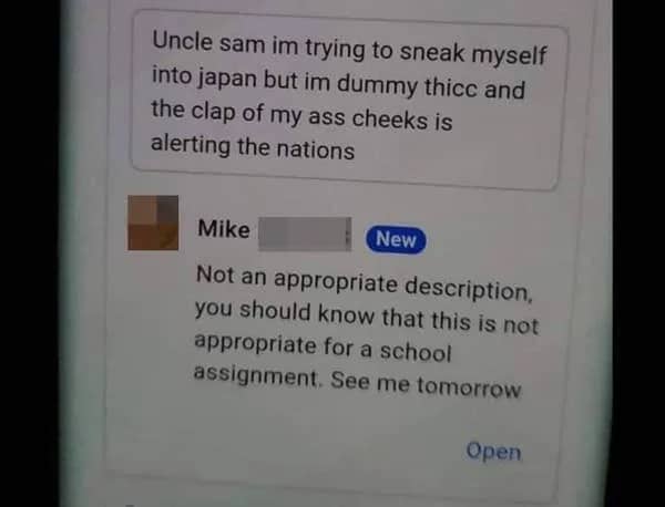 Teacher feedback on student's inappropriate writing assignment about sneaking into Japan humorously