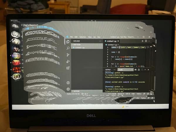 A programmer's nightmare tech fail on a Dell laptop, showing VS Code melting into a recursive, spiraling visual feedback loop of Python code and terminal outputs.