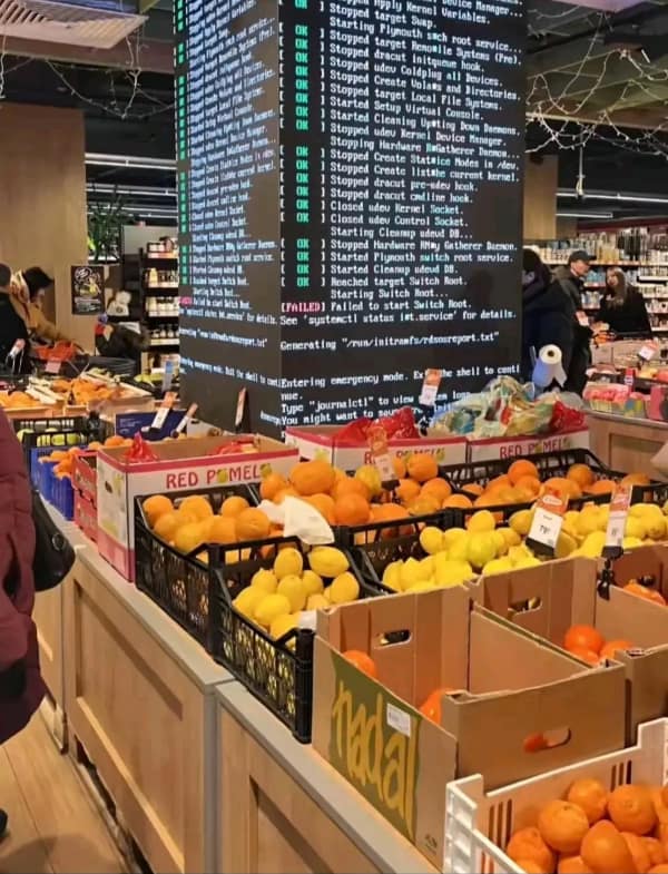 A total system collapse in the grocery store aisle; a massive digital pillar suffering a Linux tech fail, displaying rows of white boot-sequence text and a "FAILED" error over the lemons and pomelos.