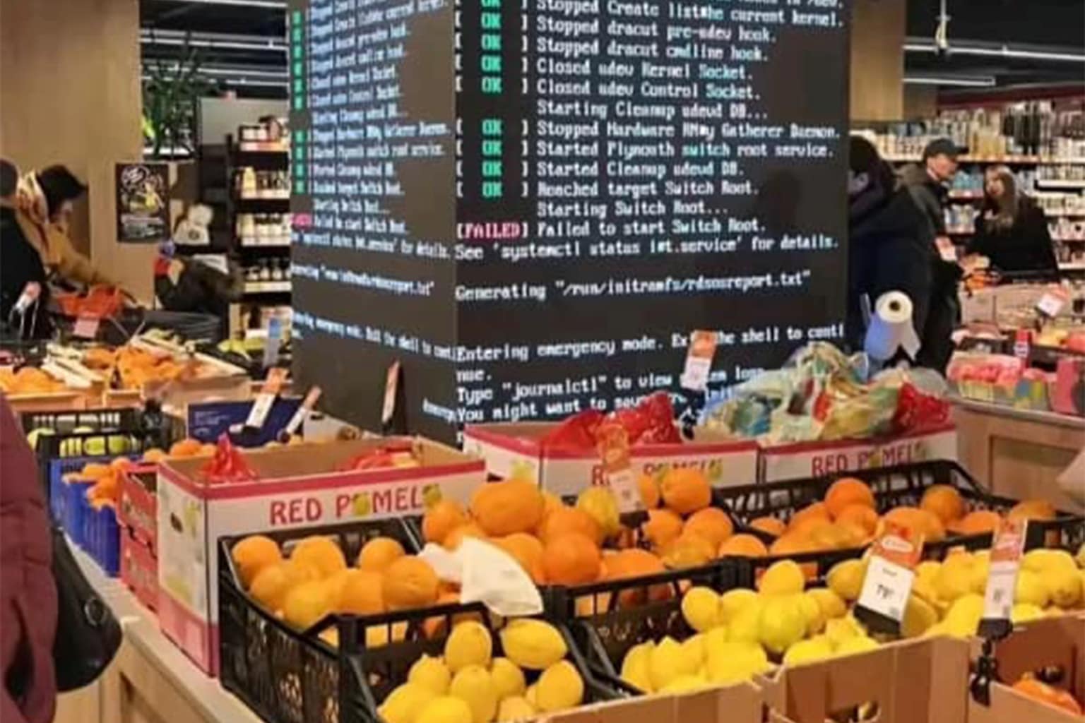 tech fails dump featuring a weather app predicting a temperature drop to absolute zero (-273°C), a public transit sign commanding passengers to "SUFFER," and a digital billboard glitch that gives an advertisement model a three-foot-long "giraffe" neck.