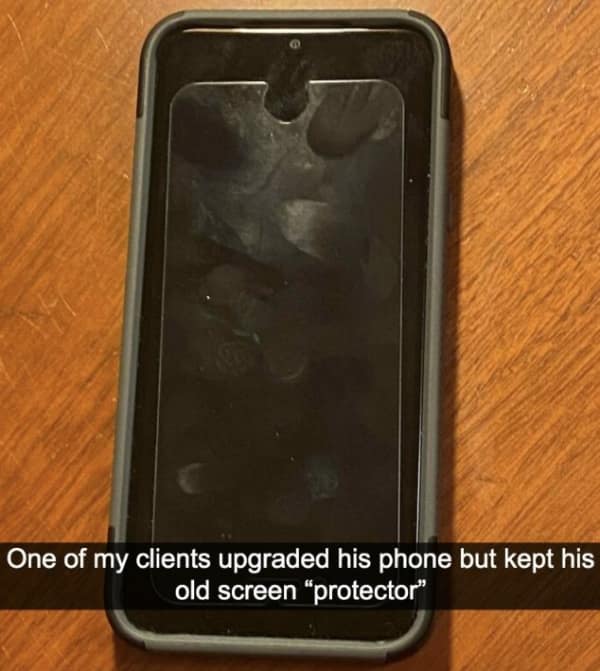 A technology meme showing a smartphone where the owner has applied a screen protector that is far too small, covering only the central portion of the display while leaving the edges completely exposed.