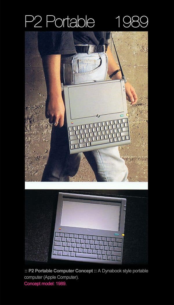 technology meme of the 1989 P2 Portable computer concept from Apple, showing a person wearing a bulky grey laptop with a full keyboard and a shoulder strap, carrying it like a high-tech messenger bag.