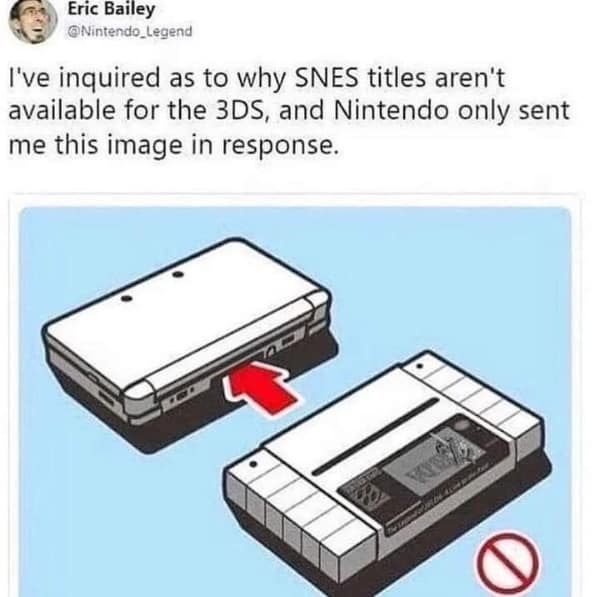 technology meme illustrating why SNES games weren't initially available on the 3DS, showing a diagram of a giant SNES cartridge being forced into a tiny handheld slot with a red "forbidden" circle.