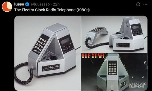technology meme featuring the 1980s Electra Clock Radio Telephone, a silver, futuristic pyramid-shaped device that integrated a landline phone, a radio tuner, and a digital clock.