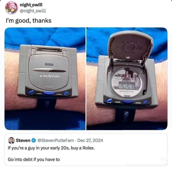 technology meme contrasting financial advice with retro gaming culture, showing a Sega Saturn console watch that opens to reveal the time, placed above a tweet advising young men to buy a Rolex.