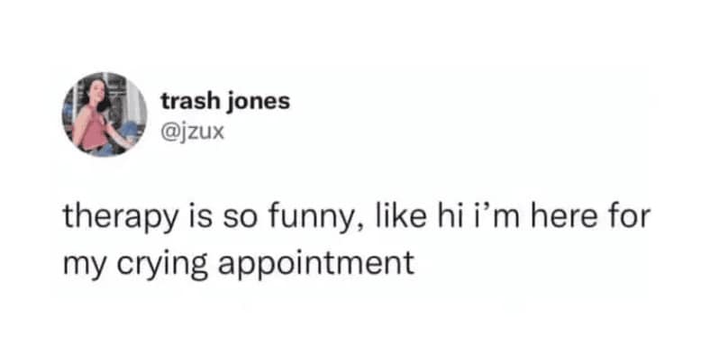 A therapy meme tweet by trash jones stating that the concept of therapy is funny because you are essentially checking in for a scheduled crying appointment.