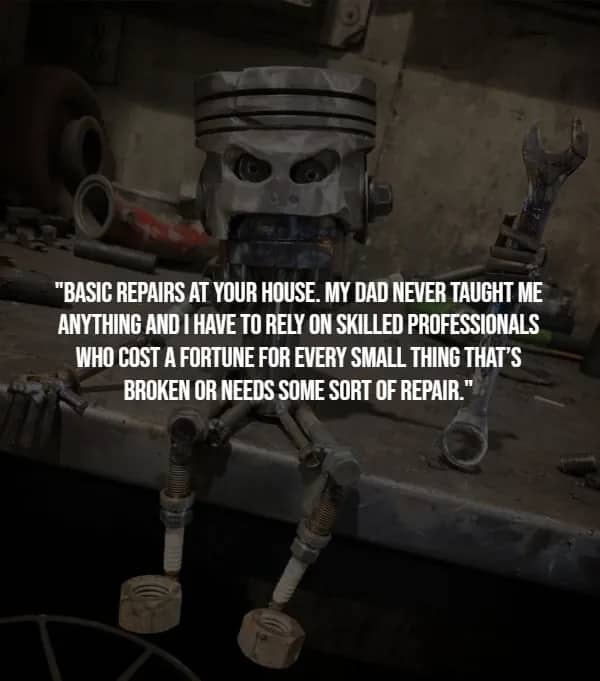 Piston skeleton sculpture on workbench with wrenches, illustrating the life skill of basic home repairs every man should know.