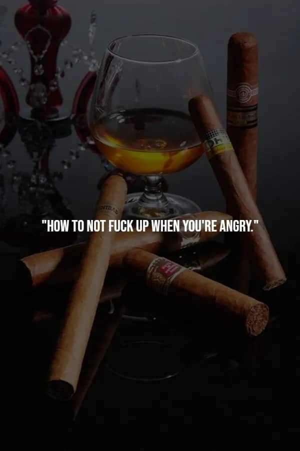 Crystal brandy glass surrounded by scattered premium cigars, representing the crucial skill of emotional restraint when angry.