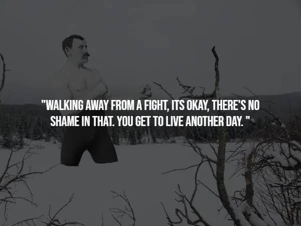 Vintage black and white shirtless boxer posing confidently in a snowy landscape, promoting the wisdom of avoiding unnecessary fights.