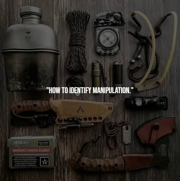 Tactical survival gear flat lay featuring knives, compass, canteen, and rope arranged neatly on dark wooden planks.