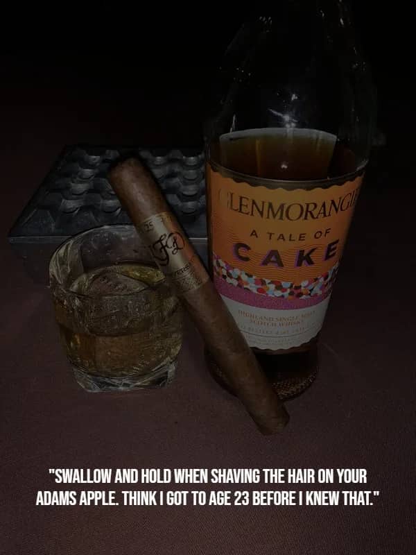 Glenmorangie A Tale of Cake whisky bottle beside a cigar and crystal glass, paired with an essential shaving tip.