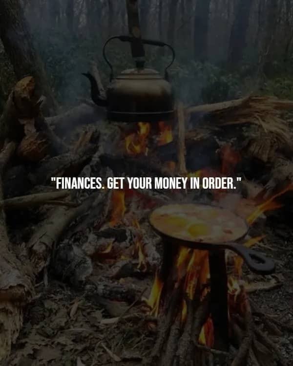 Rustic kettle and cast iron skillet with eggs over a forest campfire, symbolizing the importance of financial stability.