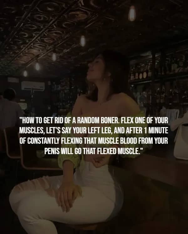 Woman seated at a dimly lit bar under a tin ceiling, paired with oddly specific anatomical advice for men.
