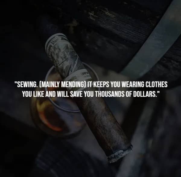 Cigar wrapped with a rolled hundred dollar bill beside a whisky glass, emphasizing sewing as an underrated money saver.
