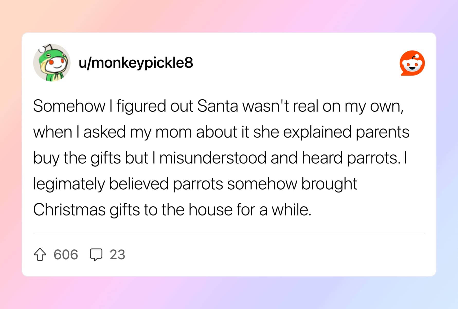 Reddit post about a child misunderstanding "parents" as "parrots" regarding Santa’s gift delivery.