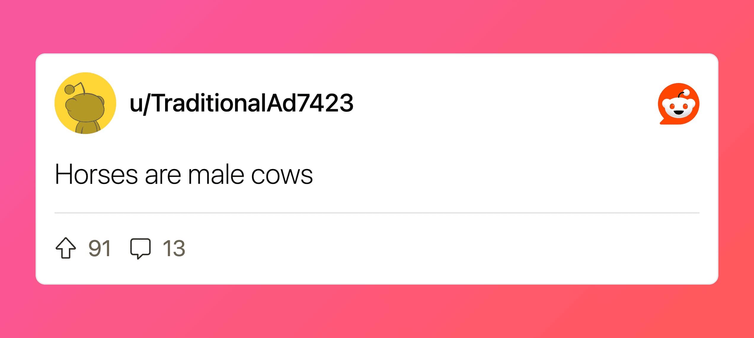 Short Reddit post stating the childhood belief that horses are male cows.