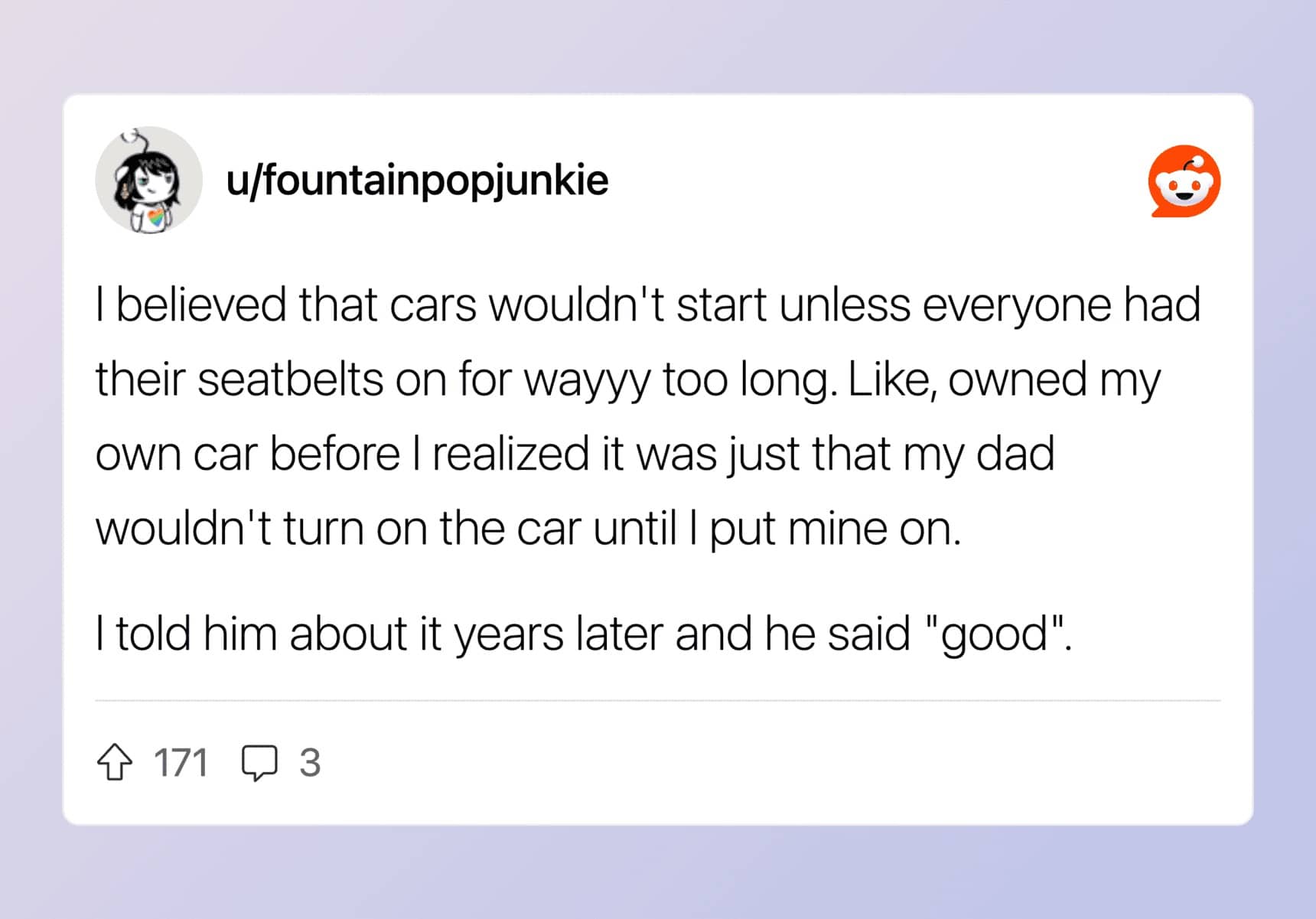 Story about believing a car won't start unless every passenger has a seatbelt on.