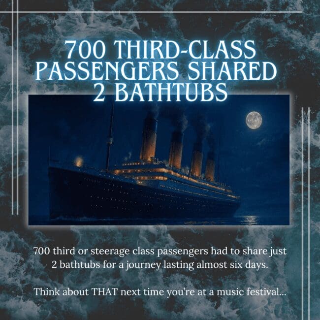 An infographic with a title in glowing blue text that reads "700 THIRD-CLASS PASSENGERS SHARED 2 BATHTUBS" set against a dark painting of the ship at sea under a full moon. The text below explains that passengers in steerage had access to only two bathtubs for the entire six-day journey, ending with a cynical remark about modern music festivals.