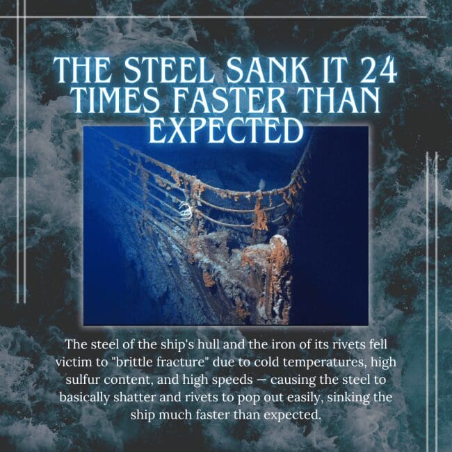 An informational graphic titled "THE STEEL SANK IT 24 TIMES FASTER THAN EXPECTED" featuring a blue-toned underwater photograph of the ship's rusted bow. The description details how "brittle fracture" caused by cold temperatures and high sulfur content caused the steel to shatter and rivets to fail, speeding up the sinking process.