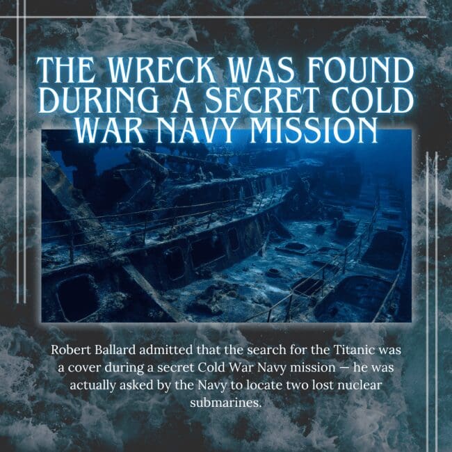 A graphic titled "THE WRECK WAS FOUND DURING A SECRET COLD WAR NAVY MISSION" showing the sunken, skeletal remains of the ship's deck on the ocean floor. The text reveals that Robert Ballard’s 1985 search for the Titanic was actually a cover story for a top-secret mission to locate two lost nuclear submarines, the Thresher and the Scorpion.