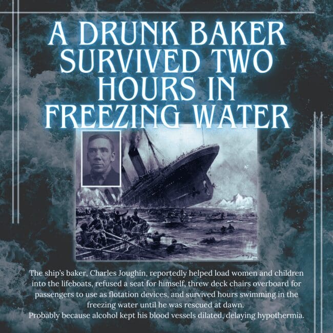 A graphic titled "A Drunk Baker Survived Two Hours In Freezing Water" shows a small circular portrait of baker Charles Joughin beside a painting of the ship's final moments. The text describes how Joughin helped others into lifeboats and survived hours in the ice-cold water until dawn, likely because the high level of alcohol in his system delayed hypothermia.