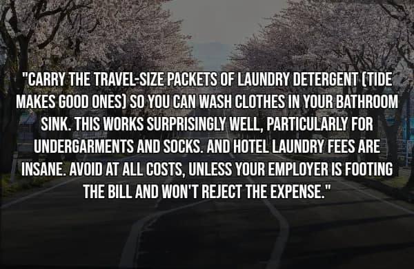 A travel hack for long-term trips over a quiet road lined with blooming cherry blossoms. The text says: Carry the travel-size packets of laundry detergent so you can wash clothes in your bathroom sink. This works surprisingly well, particularly for undergarments and socks. And hotel laundry fees are insane. Avoid at all costs.