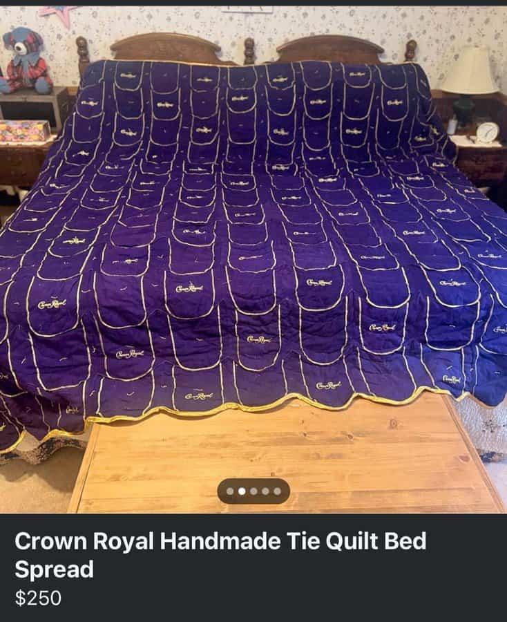 Handmade Crown Royal whiskey bag patchwork quilt bedspread listed for 250 dollars