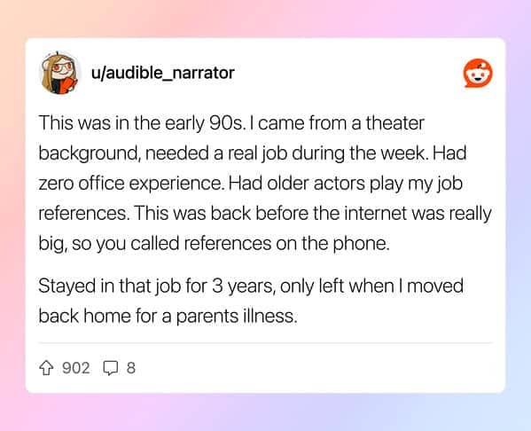 Reddit post about theater actor using fellow actors as fake job references in the early 1990s