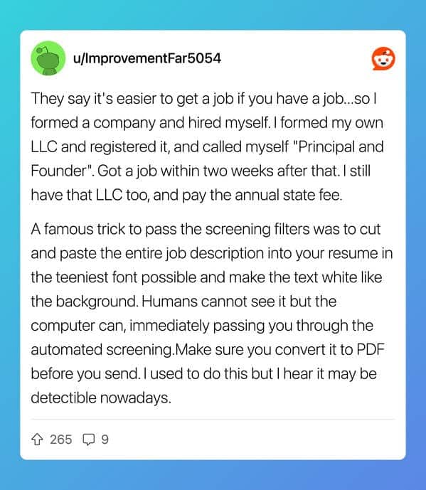 Reddit post about forming personal LLC to show employment gap as self-employed Principal and Founder on resume