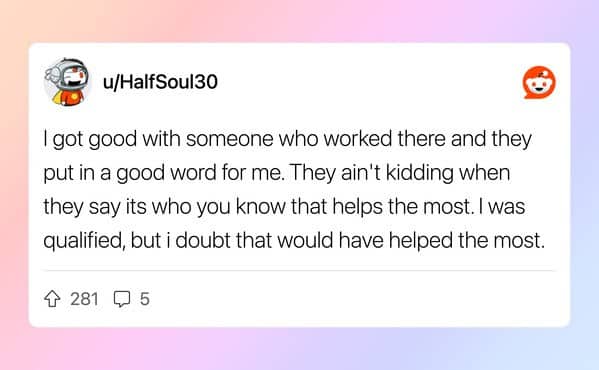 : Reddit post confirming that having an internal referral at a company matters more than being qualified for the job