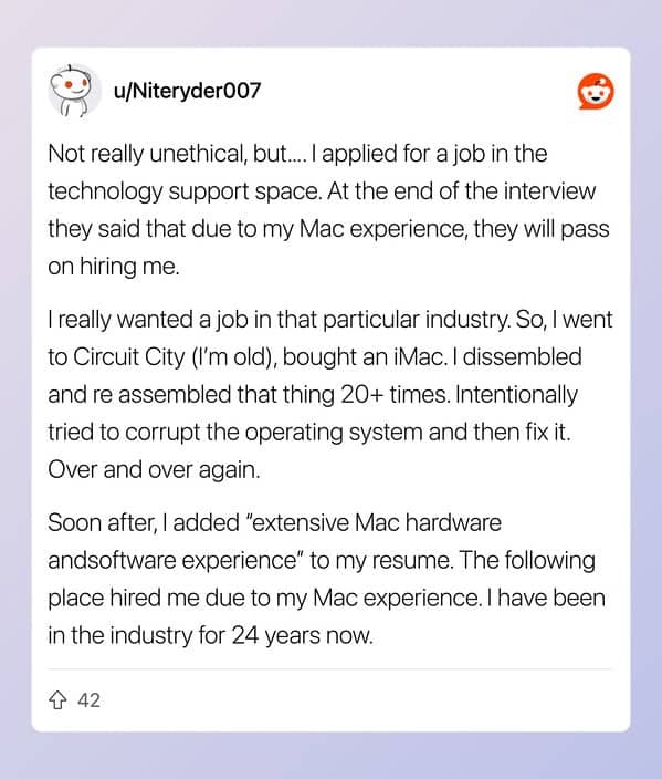 Reddit post about buying and disassembling an iMac 20 times to legitimately earn Mac experience for tech job resume