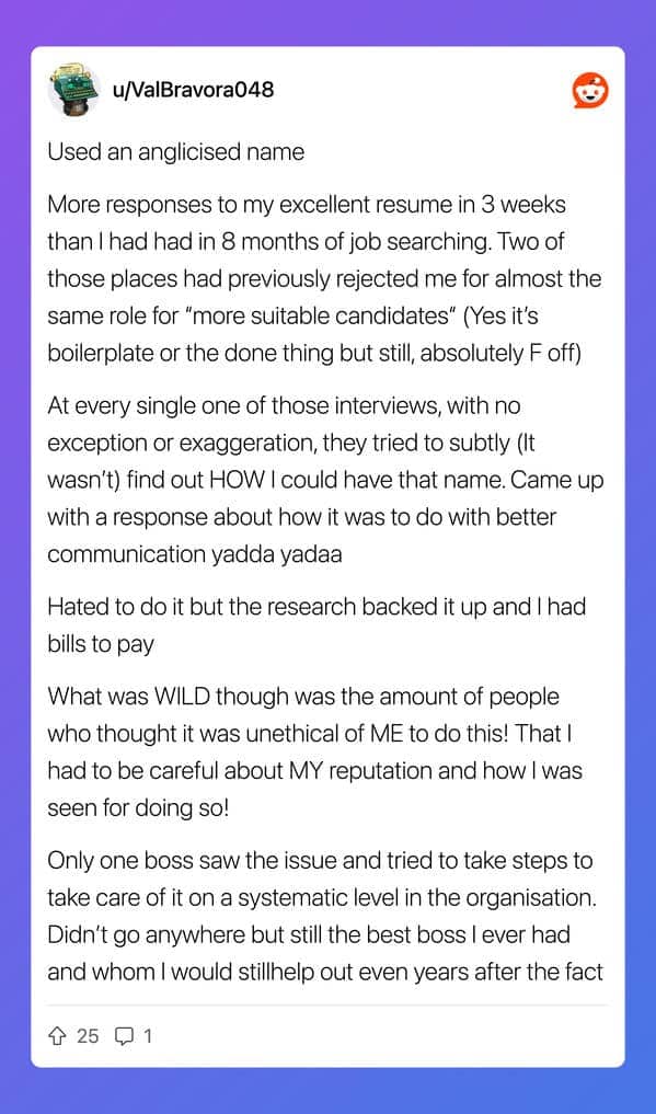 Reddit post about using an anglicised name on resume to get more job interview callbacks than eight months of searching